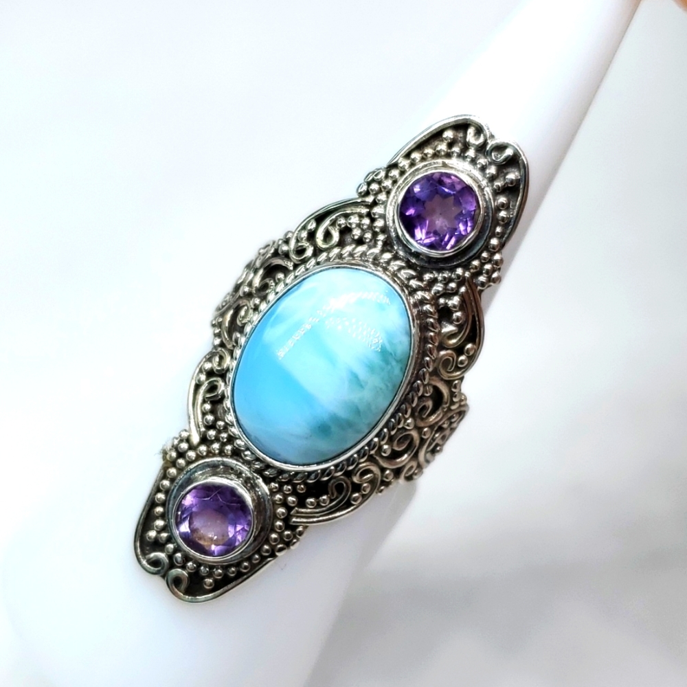Bali Legacy Larimar Amythest Elongated Ring in Sterling Silver 7 NWT